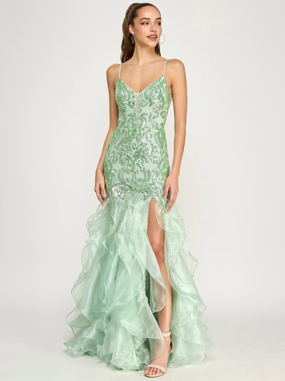 B Darlin Mint Sequin Ruffle Mermaid Gown